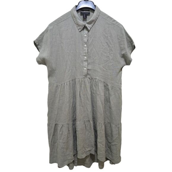 TAHARI 100% Linen Tiered 3/4 Agate Dress Lagenlook Cottage Flowy Gray Size L - Picture 1 of 5